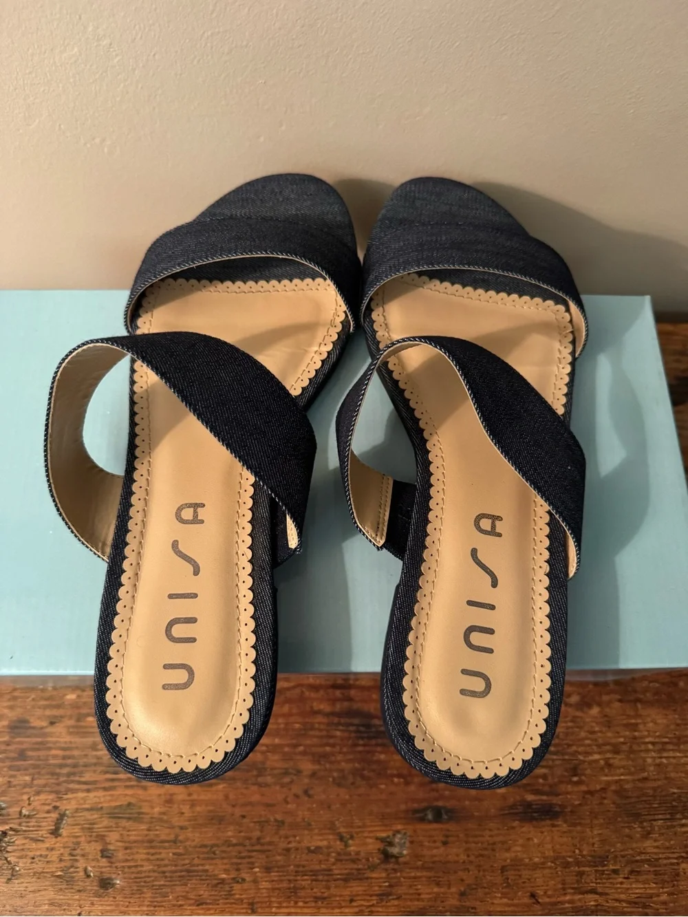 Unisa Navy Denim Two-Band Slide Sandal, size 9